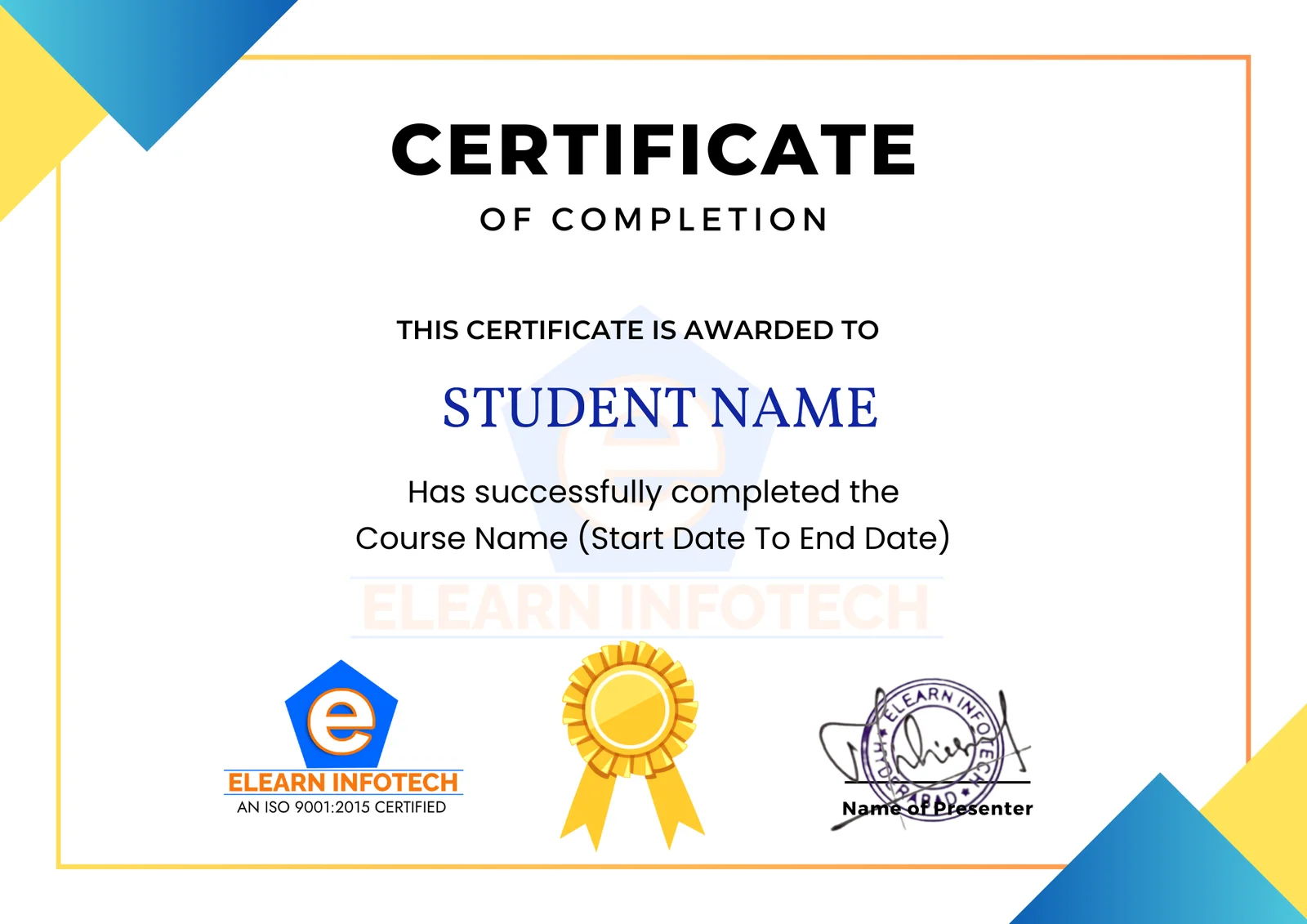Elearn Infotech Data Analytics Course Completion Certificate sample